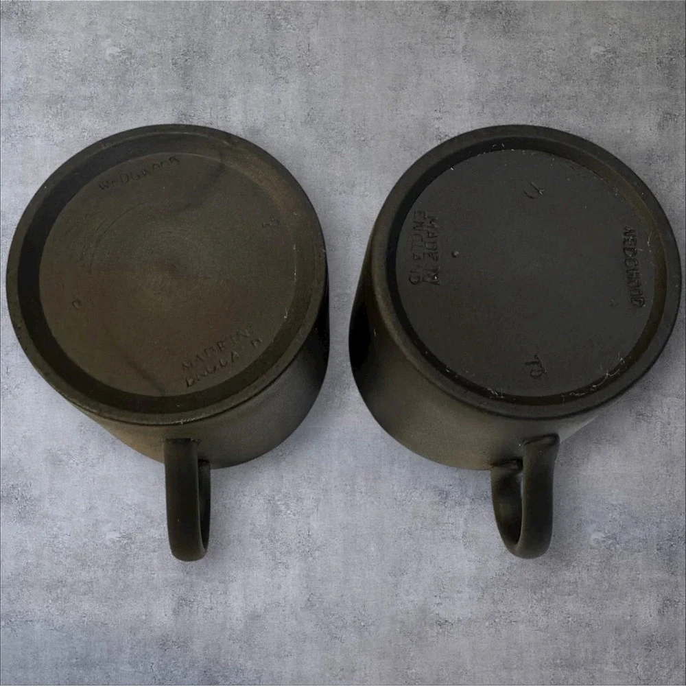 2 WEDGWOOD BASALT BLACK Bond Shape Demitasse‎ Espresso Cup & Saucer Set England